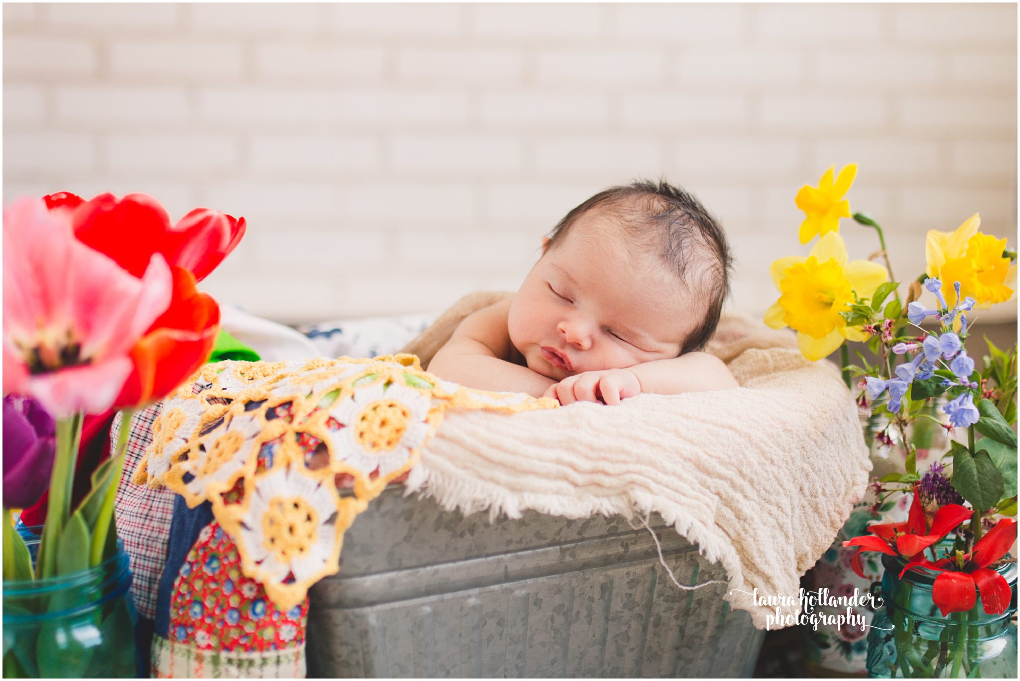 newborn baby girl, natural light newborn photography with fresh flowers in Battle Creek, MI