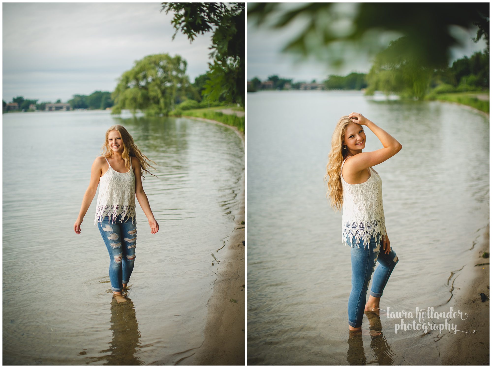 senior girl with lake setting, simple top and jeans
