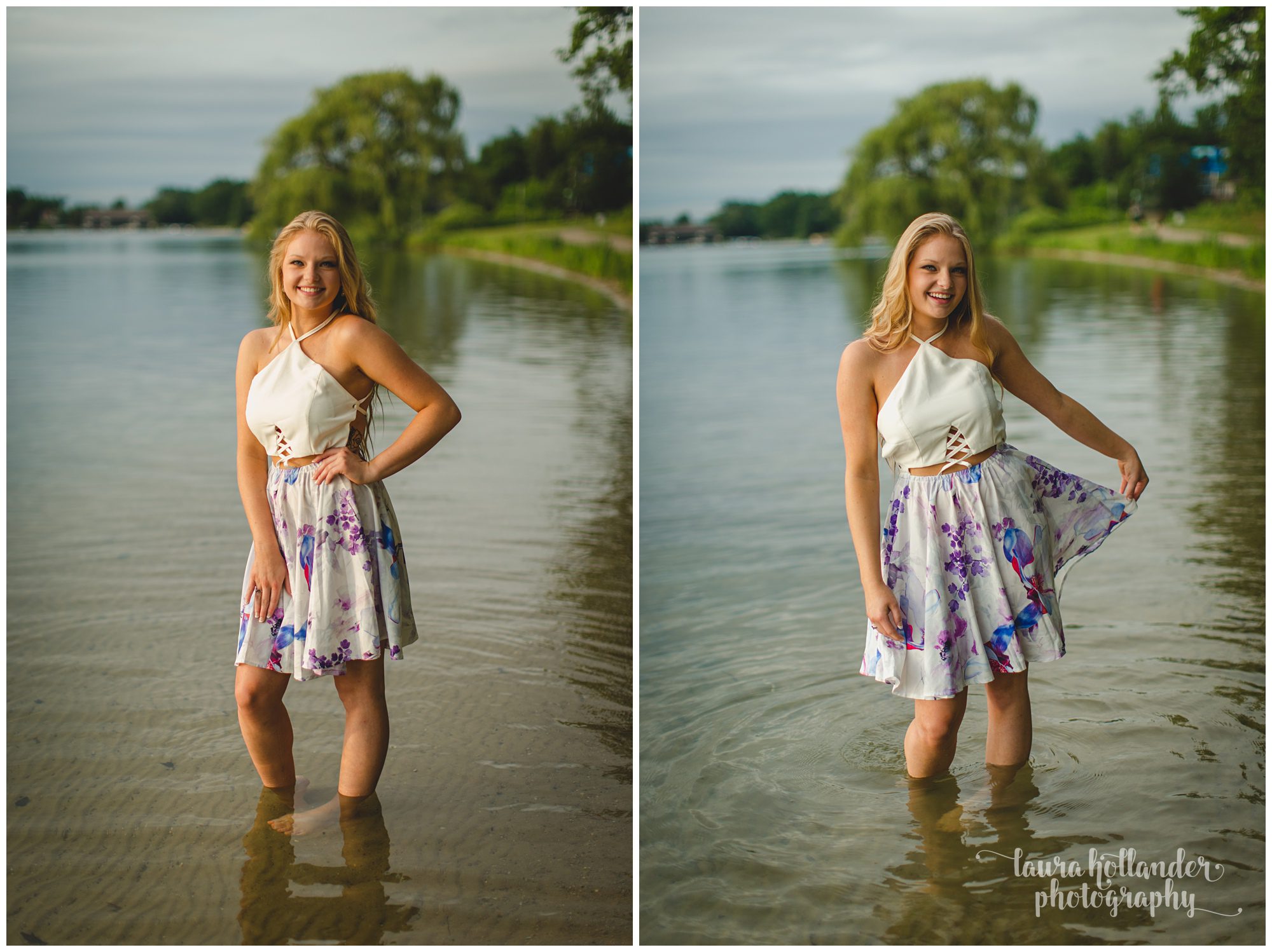 sunset lake senior portraits, senior girl with lake setting, simple top and jeans, Battle Creek Photographer Laura Hollander Photography