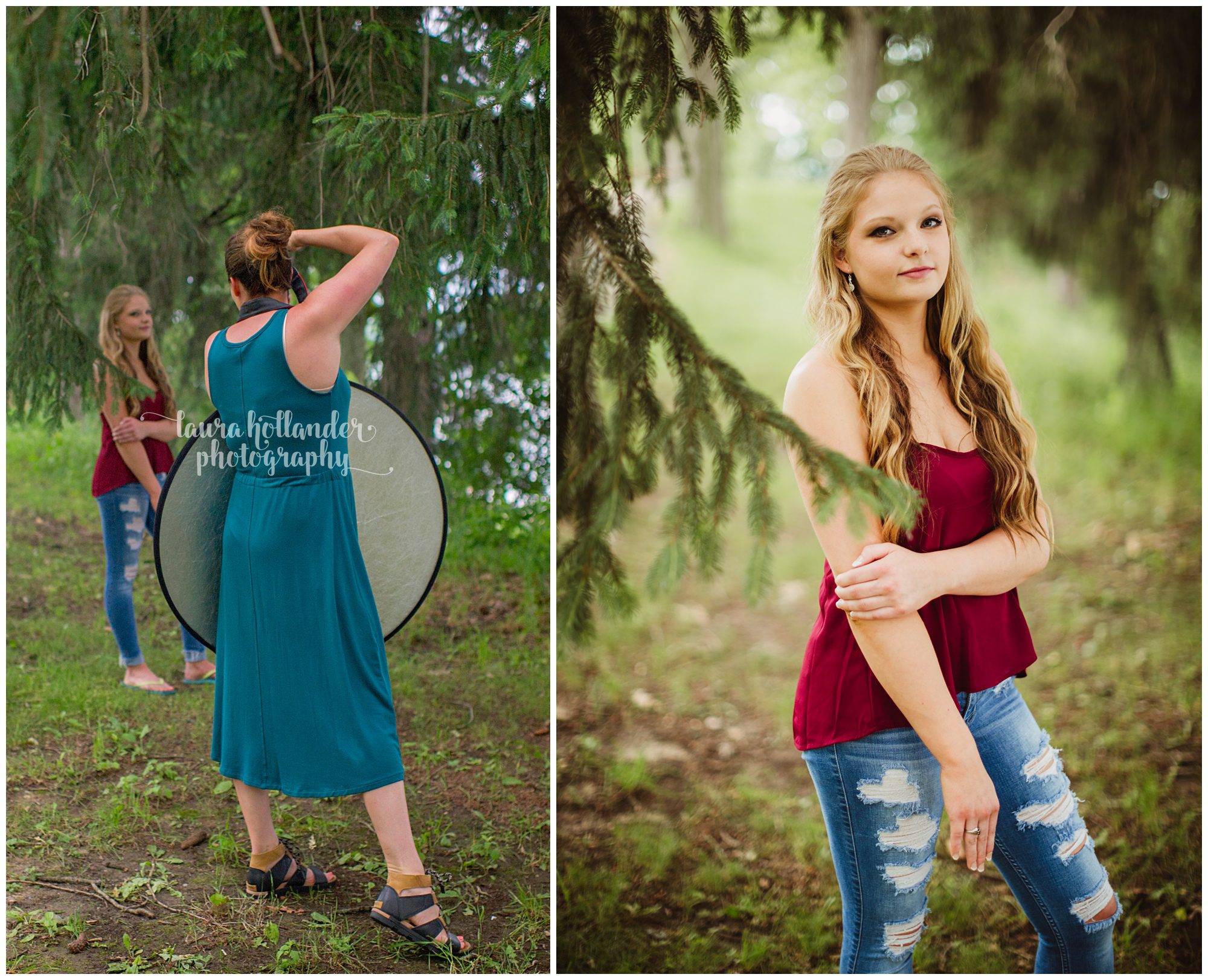 behind the scenes with Laura Hollander Photography. Senior girl, woodland backdrop