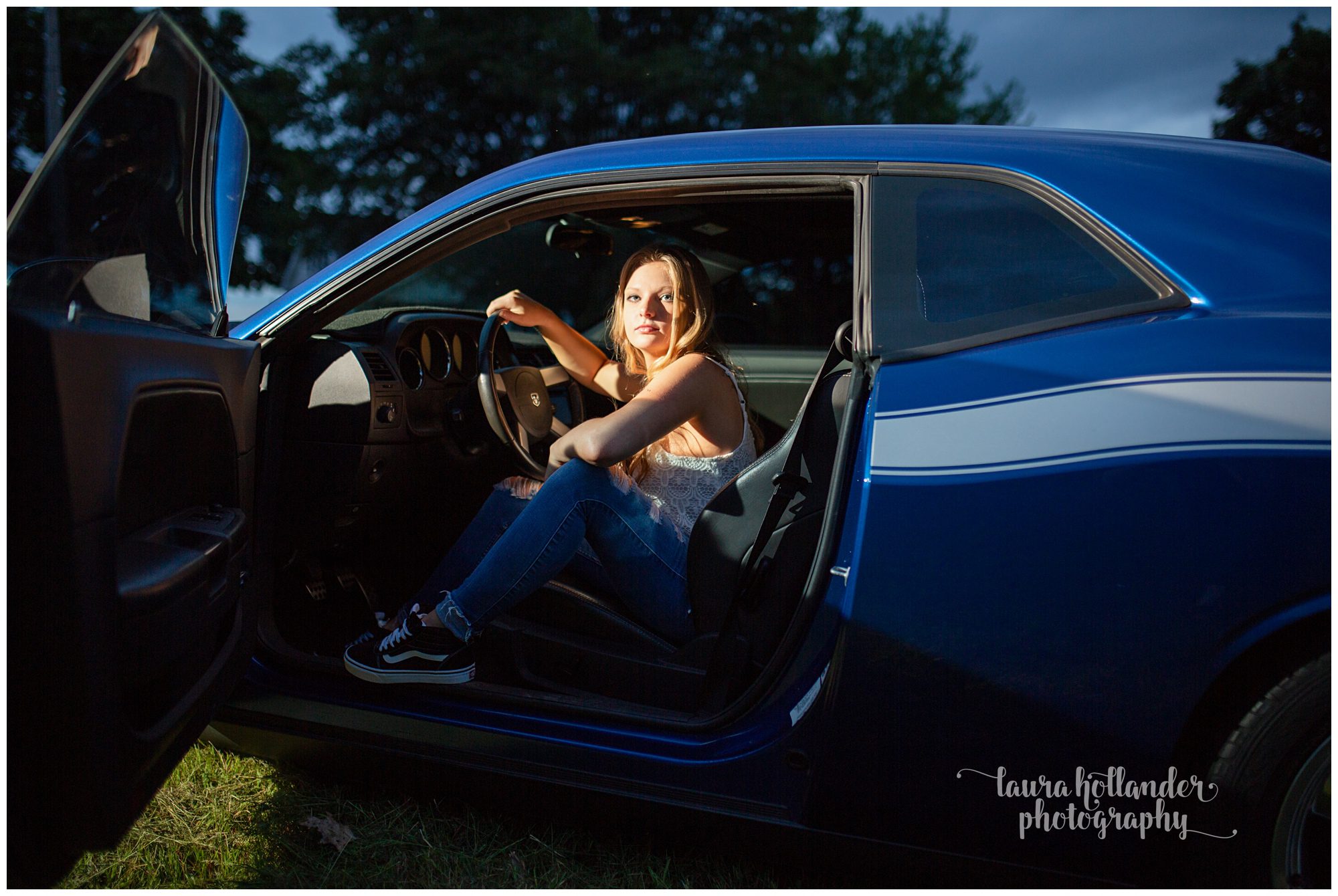 senior girl with sports car, sunset car portraits Battle Creek, MI Laura Hollander Photography