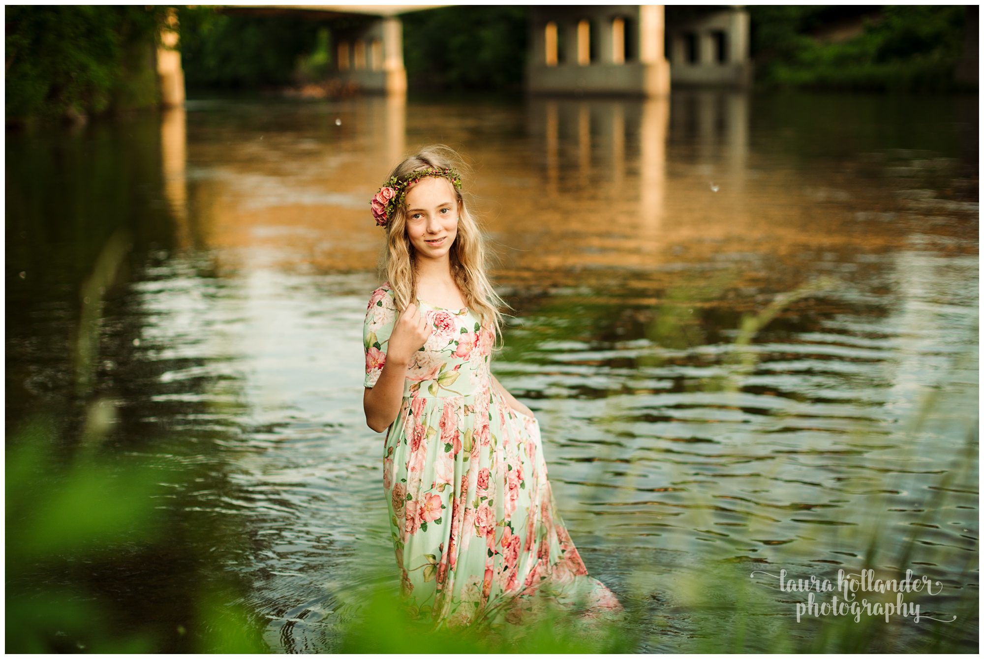 tween girl, sew trendy gown and crown in the river in Battle Creek, MI, Laura Hollander Photography 