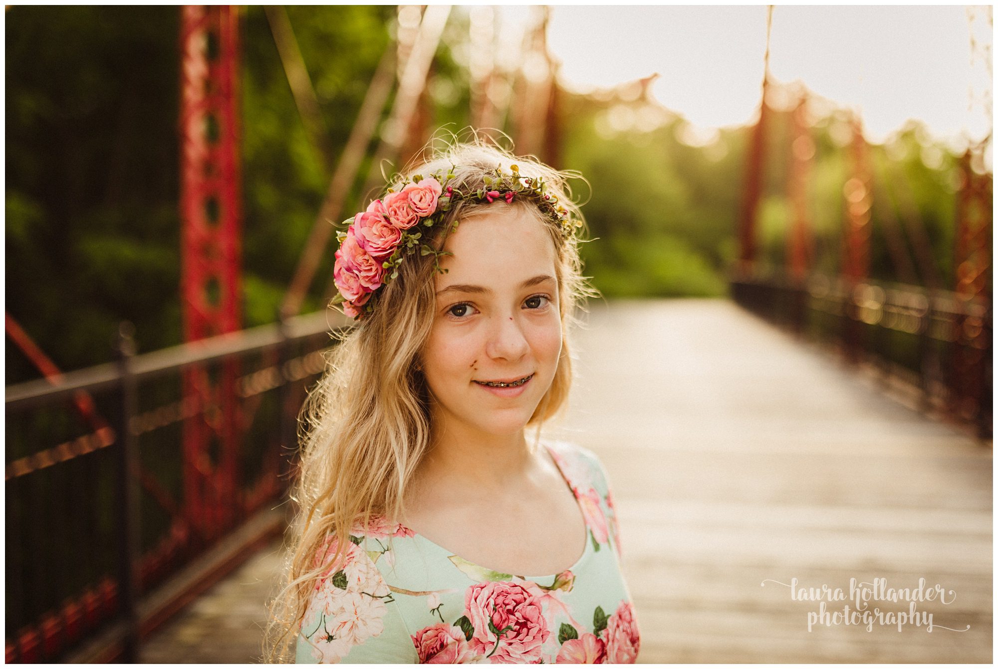 tween girl, sew trendy gown and crown, bridge photo shoot in Battle Creek, MI, Laura Hollander Photography 