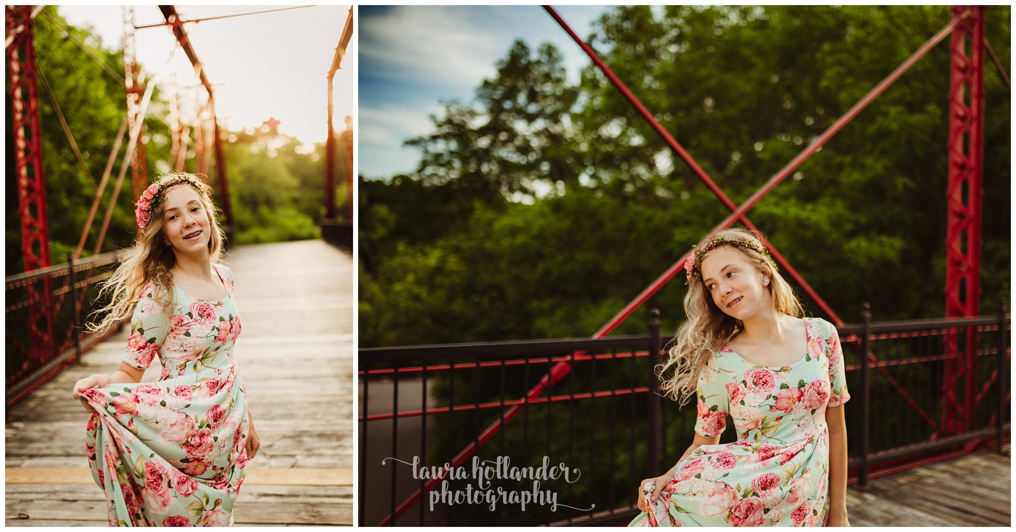 tween girl, sew trendy gown and crown, bridge photo shoot in Battle Creek, MI, Laura Hollander Photography 