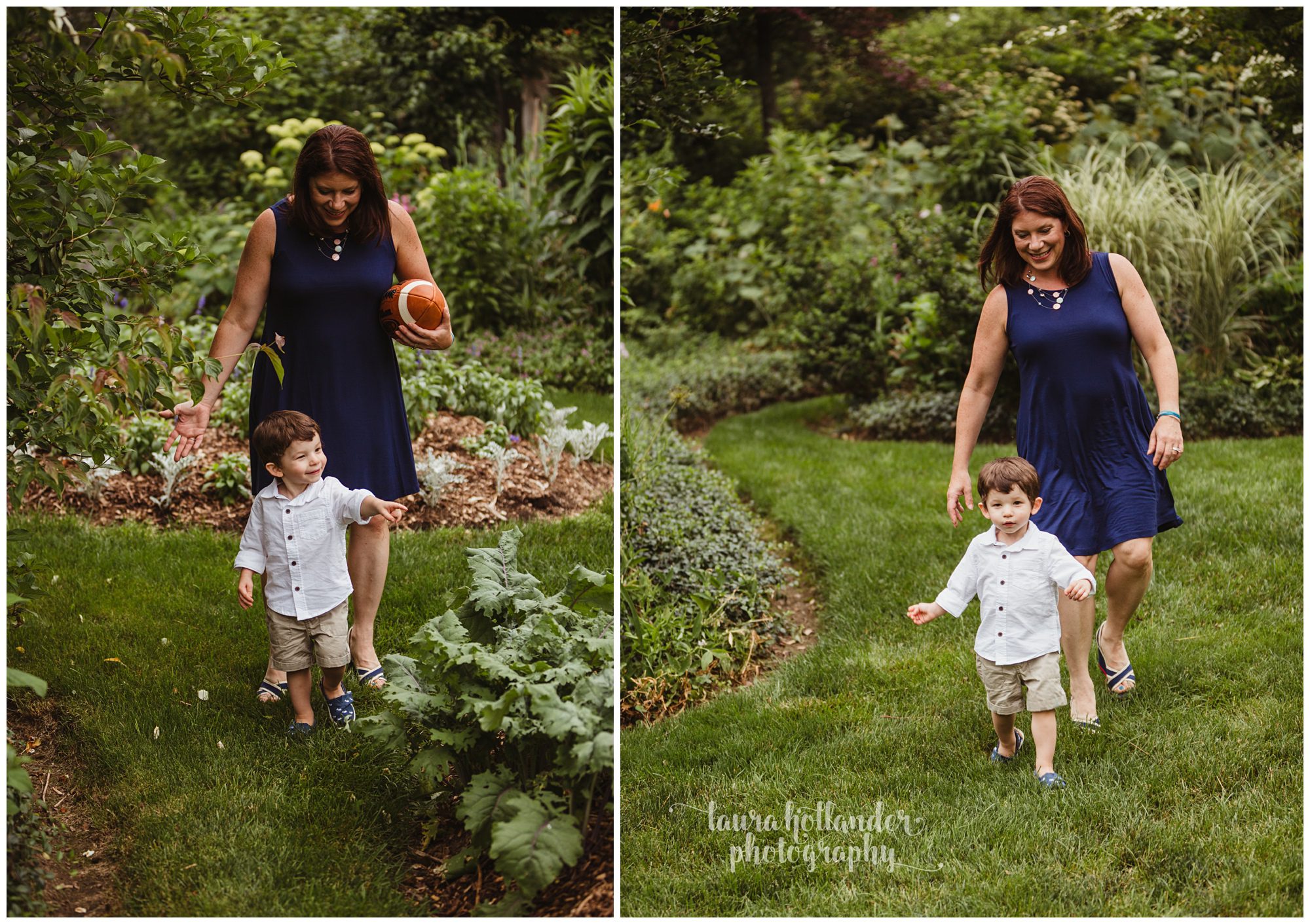 mommy and son portraits, chasing two year old boy through the garden