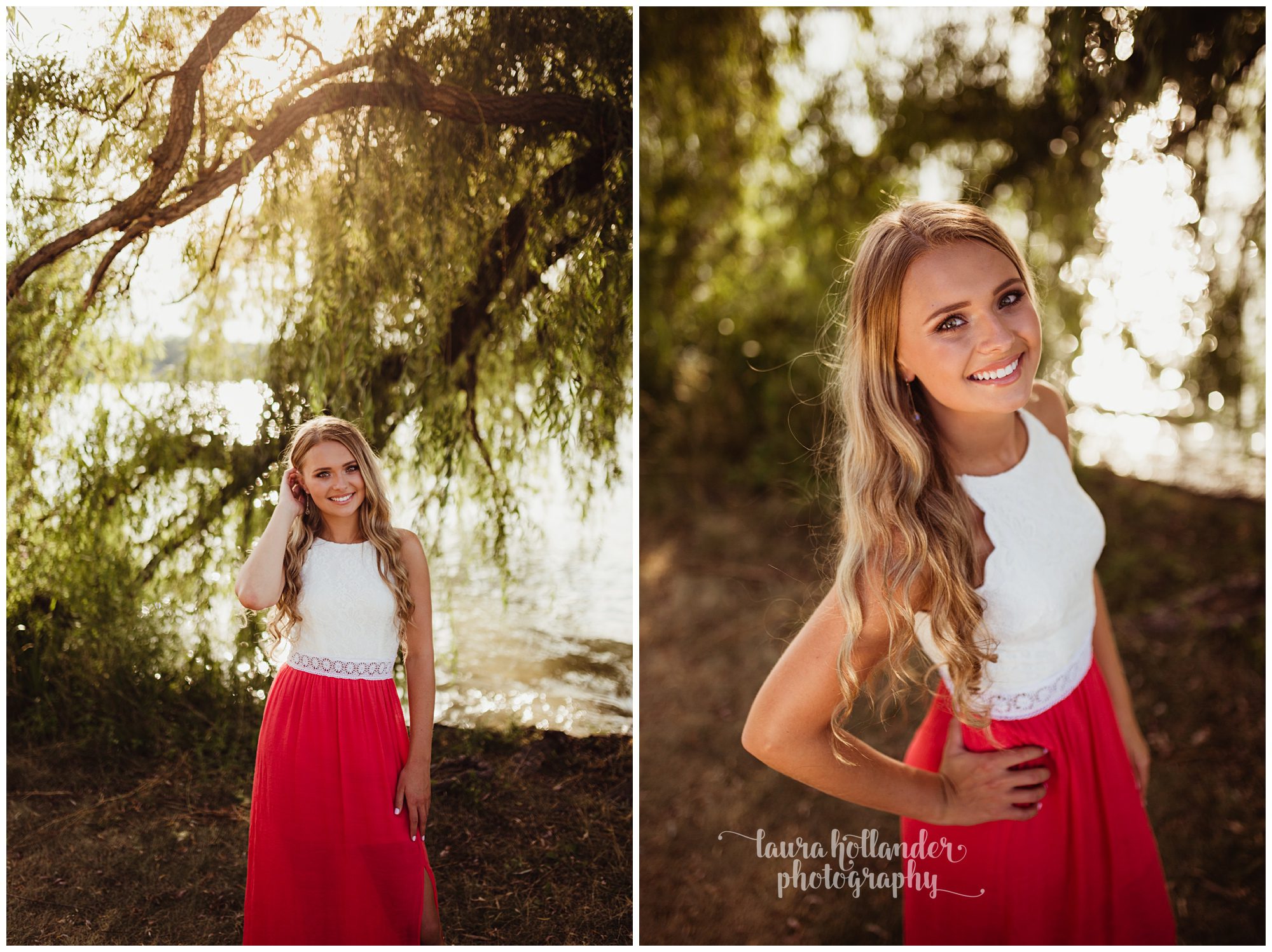 senior girl with weeping willow and red dress, Laura Hollander Photography