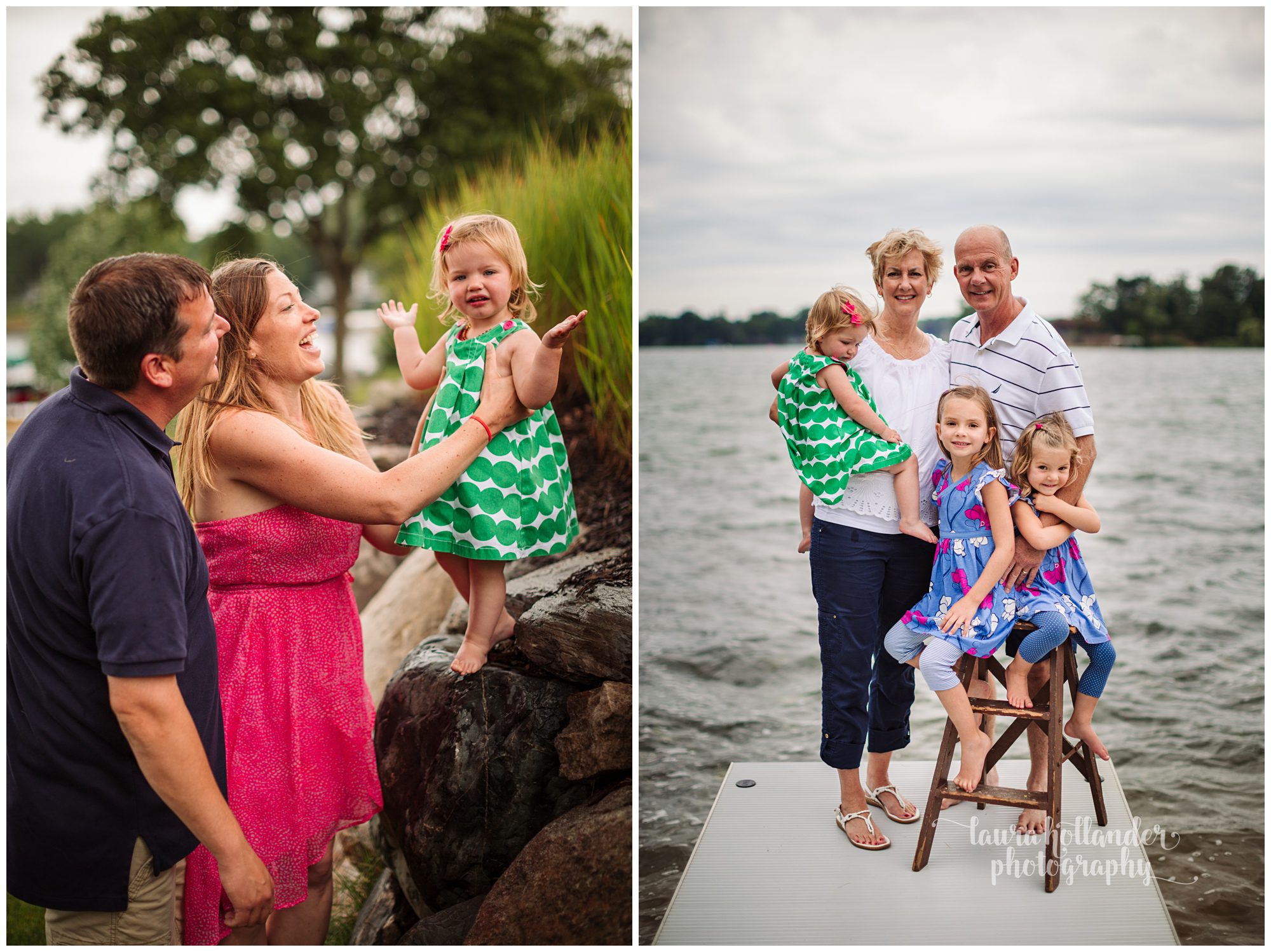 family portraits, grandparent portraits, lake portraits on the dock, granddaughters 
