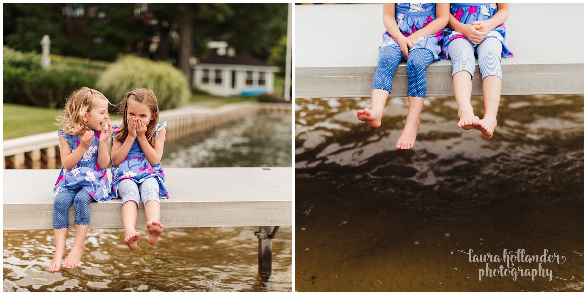 sister portraits, backyard lake portraits, sisters on the dock