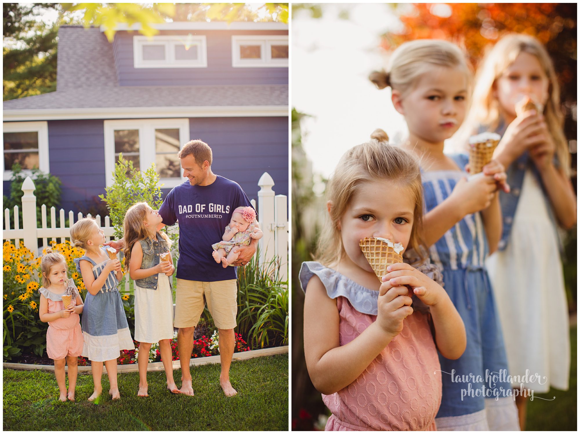 family of 6, four daughters with dad, family portraits with ice cream, Laura Hollander Photography Battle Creek MI