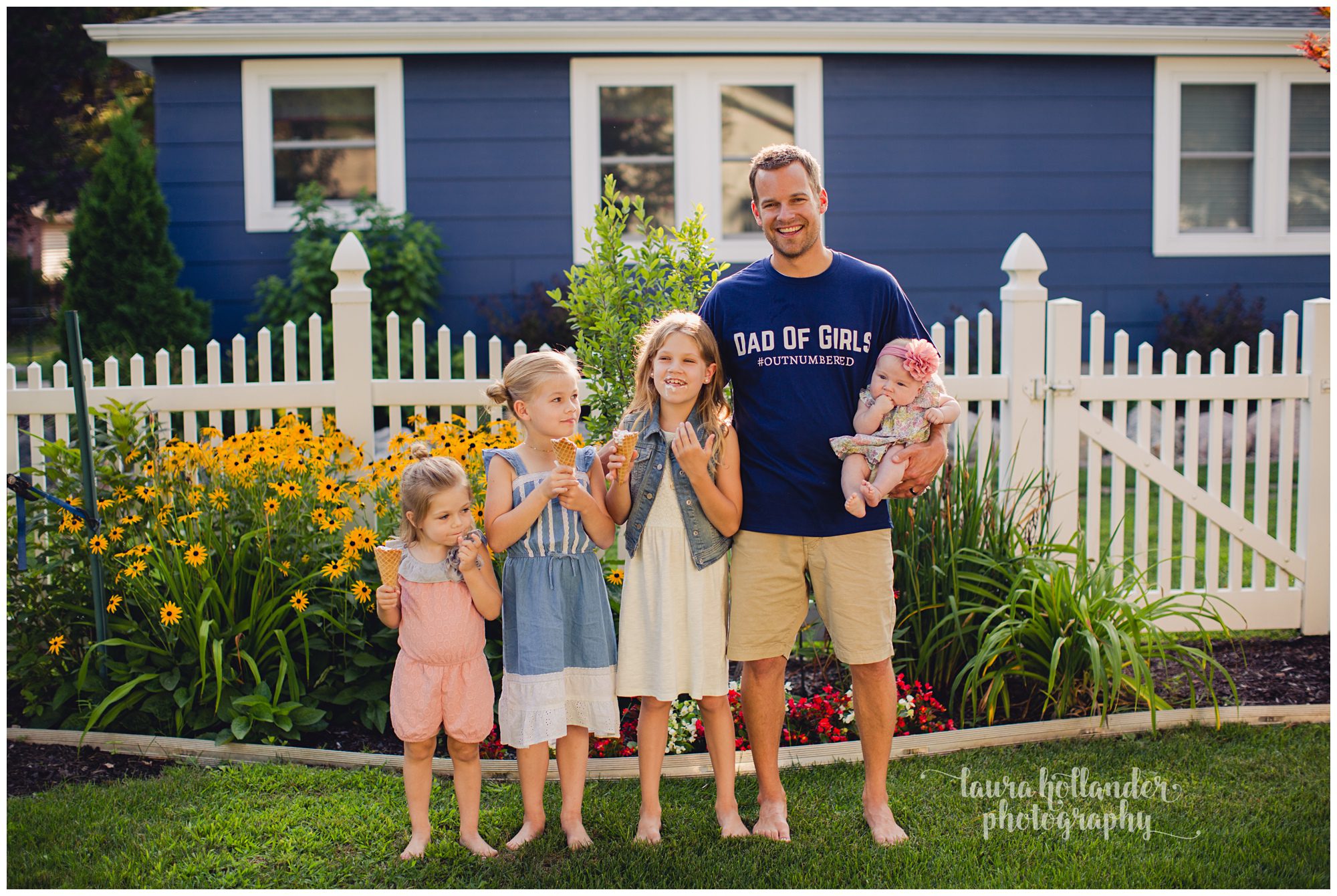family of 6, four daughters with dad, family portraits with ice cream, Laura Hollander Photography Battle Creek MI
