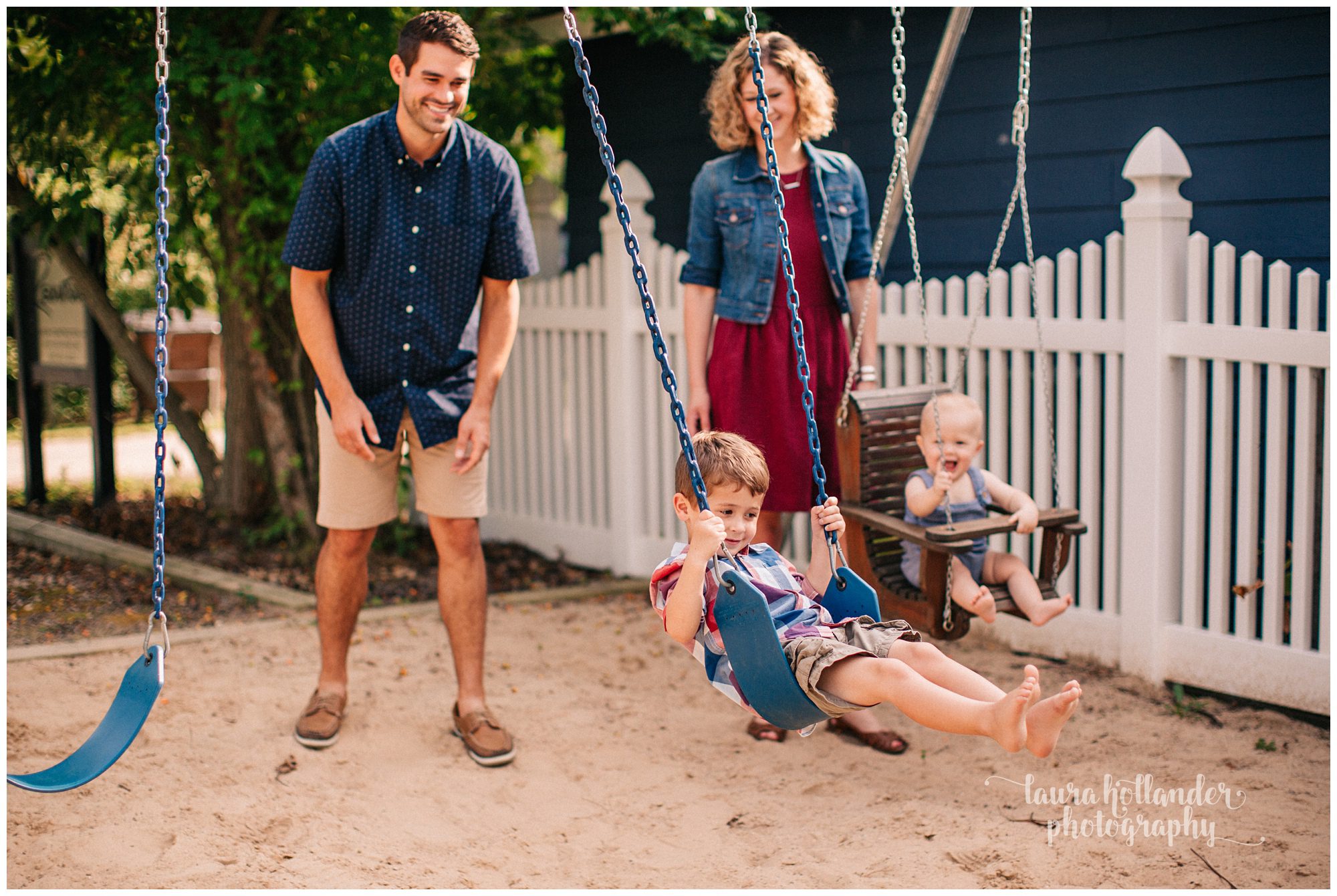family of four, two brothers, summer mini session, cottage family portraits, americana clothing, swing set