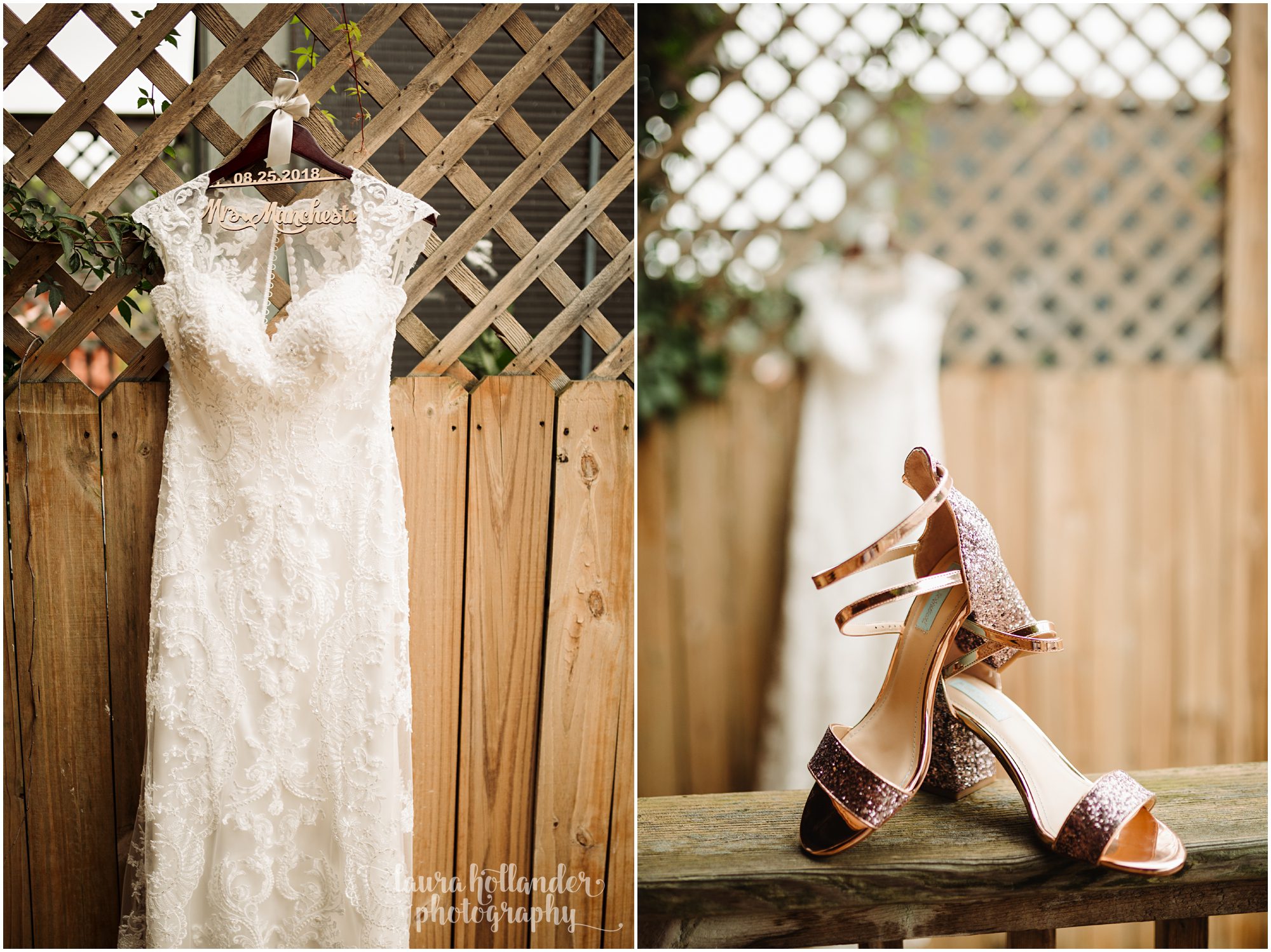 wedding dress, rose gold wedding shoes