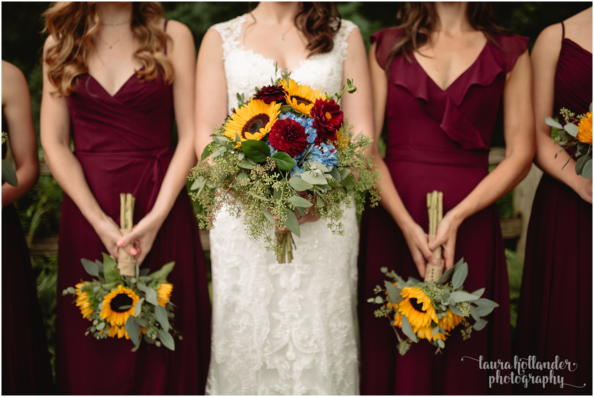 bridal portraits, lawton community center wedding, bridesmaids, burgundy dresses, sunflower bouquets