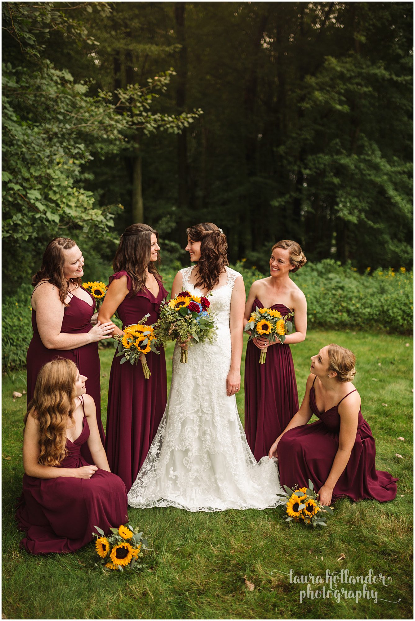bridal portraits, lawton community center wedding, bridesmaids, burgundy dresses, sunflower bouquets
