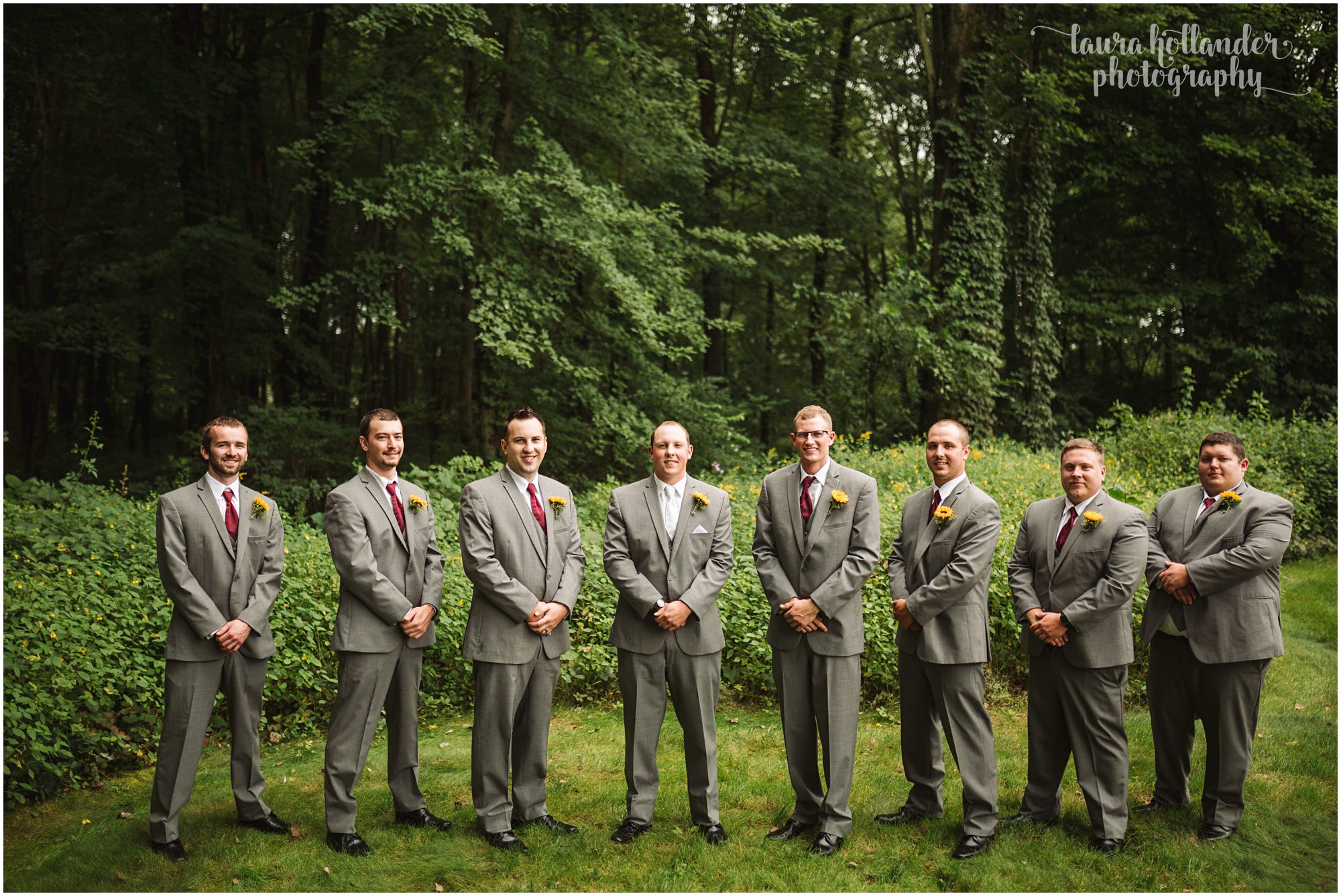 groomsmen portraits, lawton community center wedding, laura hollander photogrpahy, grey suits, sunflower boutonnieres 