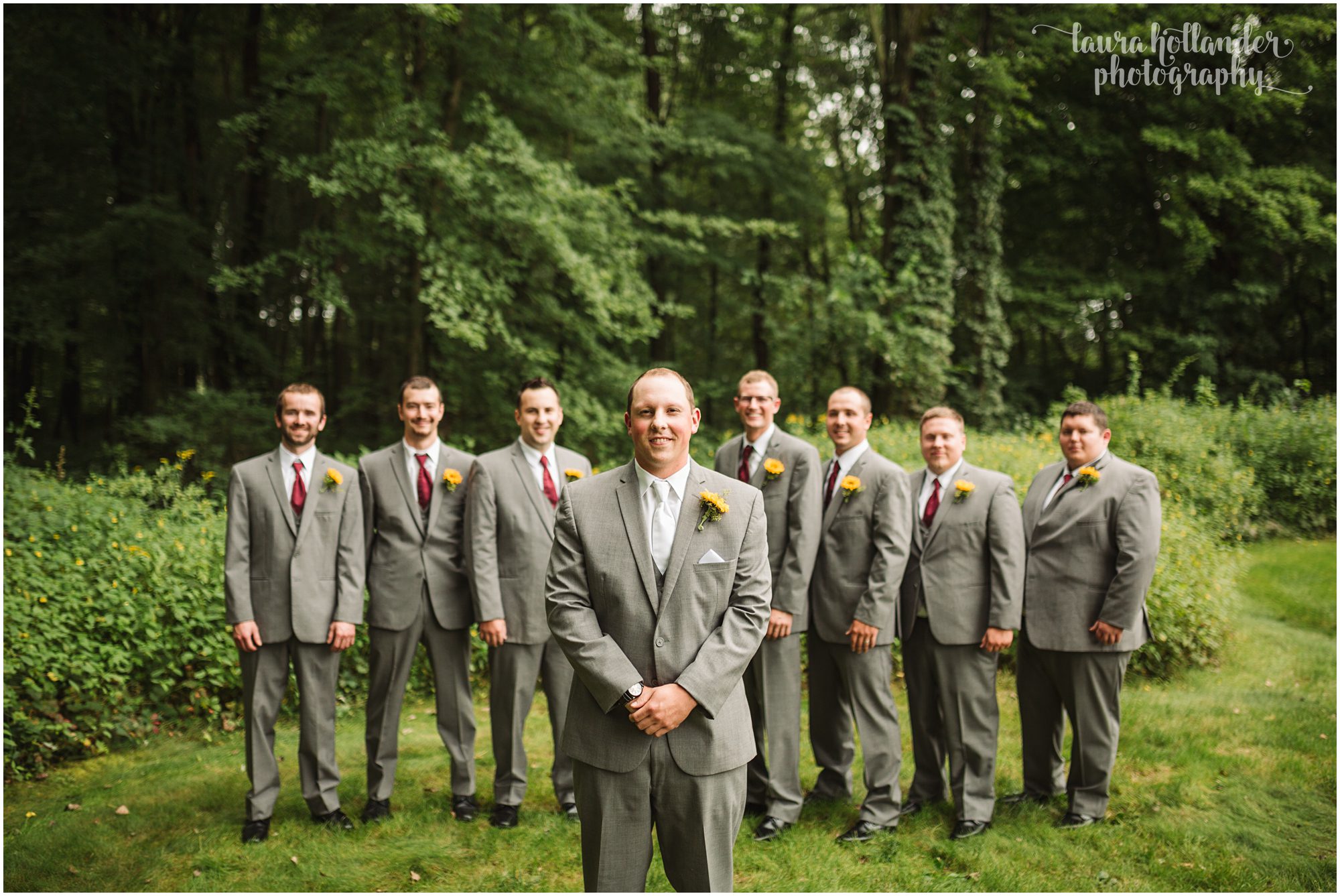 groomsmen portraits, lawton community center wedding, laura hollander photogrpahy, grey suits, sunflower boutonnieres 