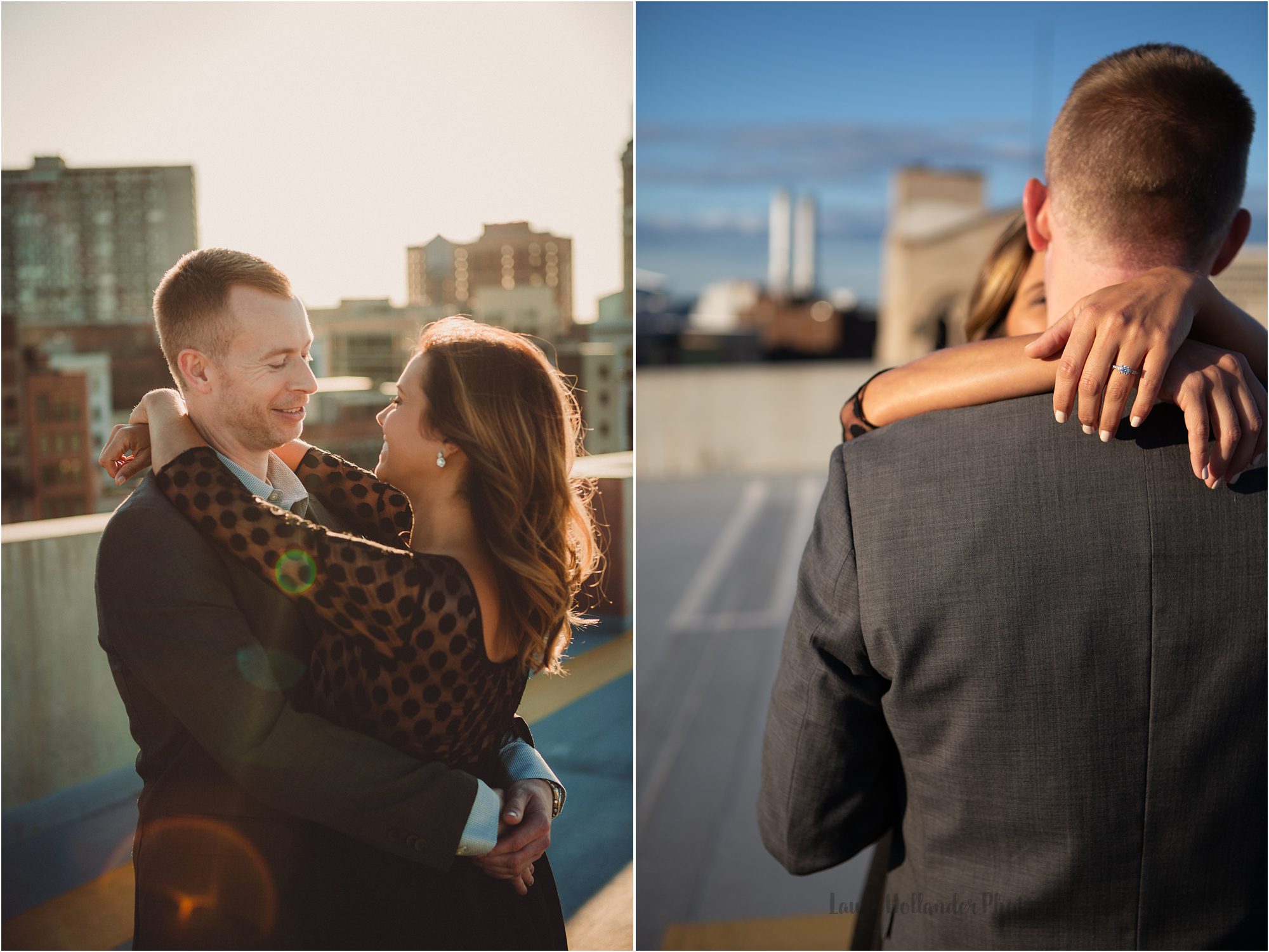engagement session at The Z Lot in Downtown Detroit, MI. Urban engagement photos with Laura Hollander Photography, Detroit skyline 