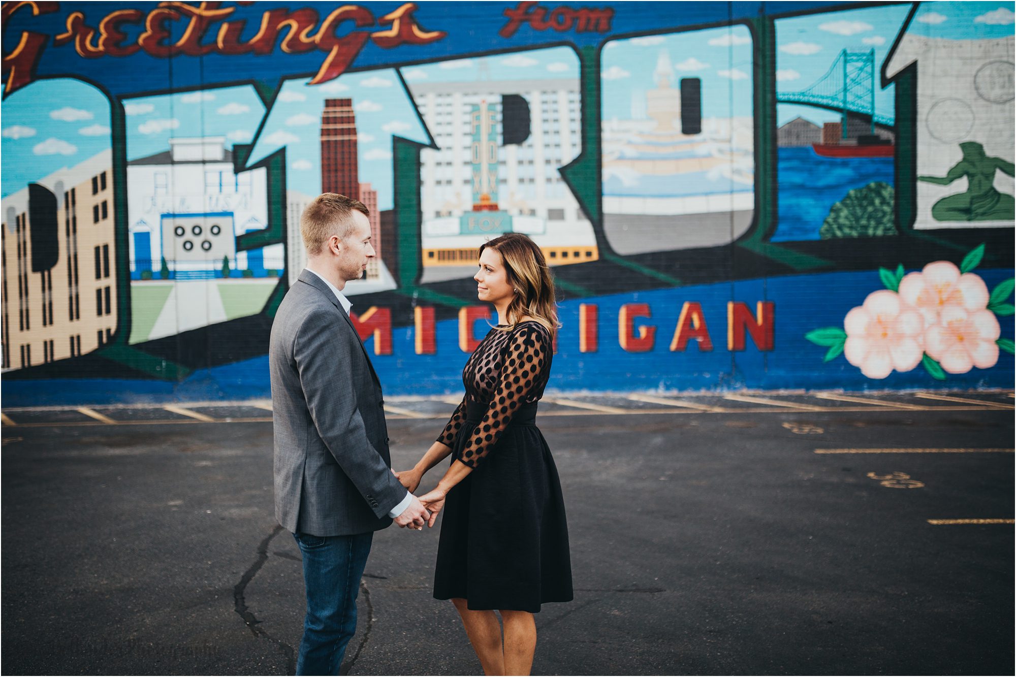 urban engagement photos in Detroit, Michigan, greetings from Detroit mural, Laura Hollander Photography