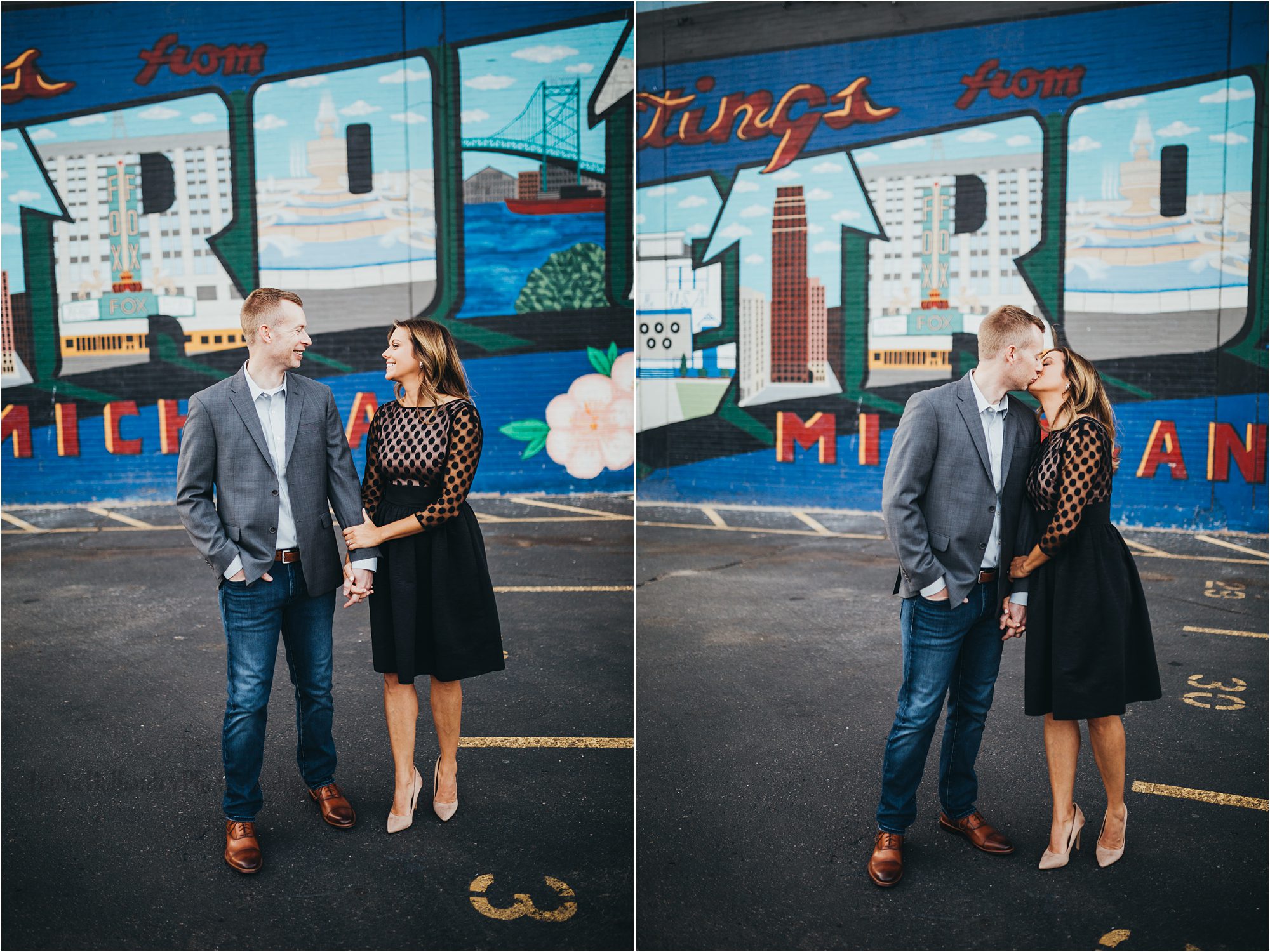 urban engagement photos in Detroit, Michigan, greetings from Detroit mural, Laura Hollander Photography