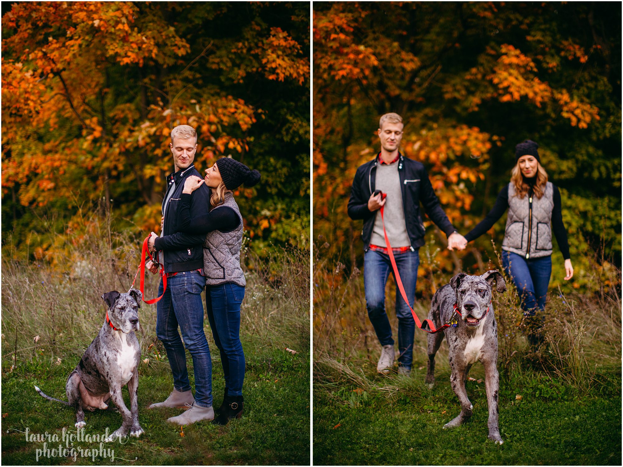 couple with rescue dog, fall family portraits, mini session grand rapids with Laura Hollander Photography, Grand Ravines North Park, Jenison MI