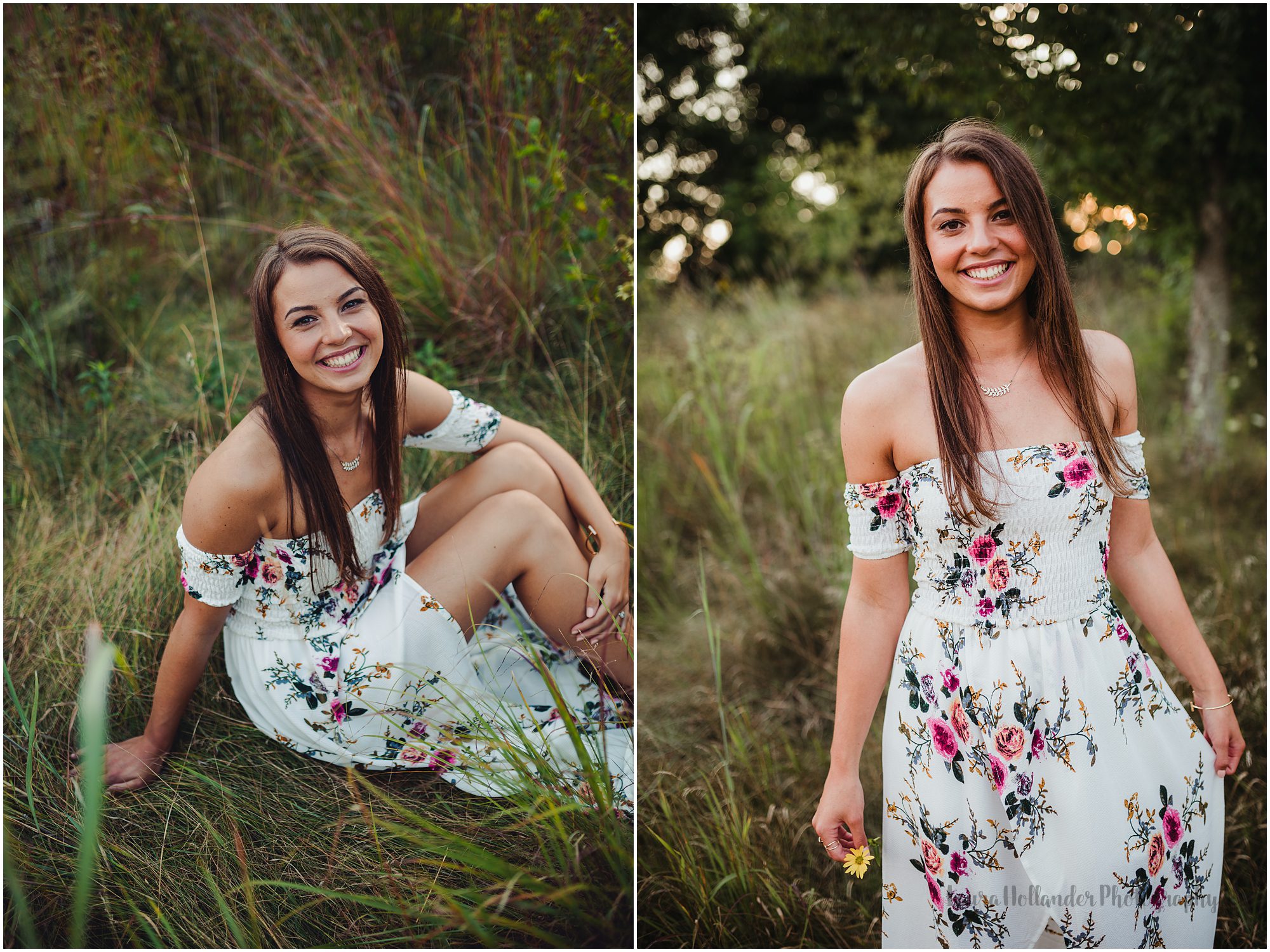 modern senior girl portraits with long dress in field, laura hollander photography, southwest michigan photographer