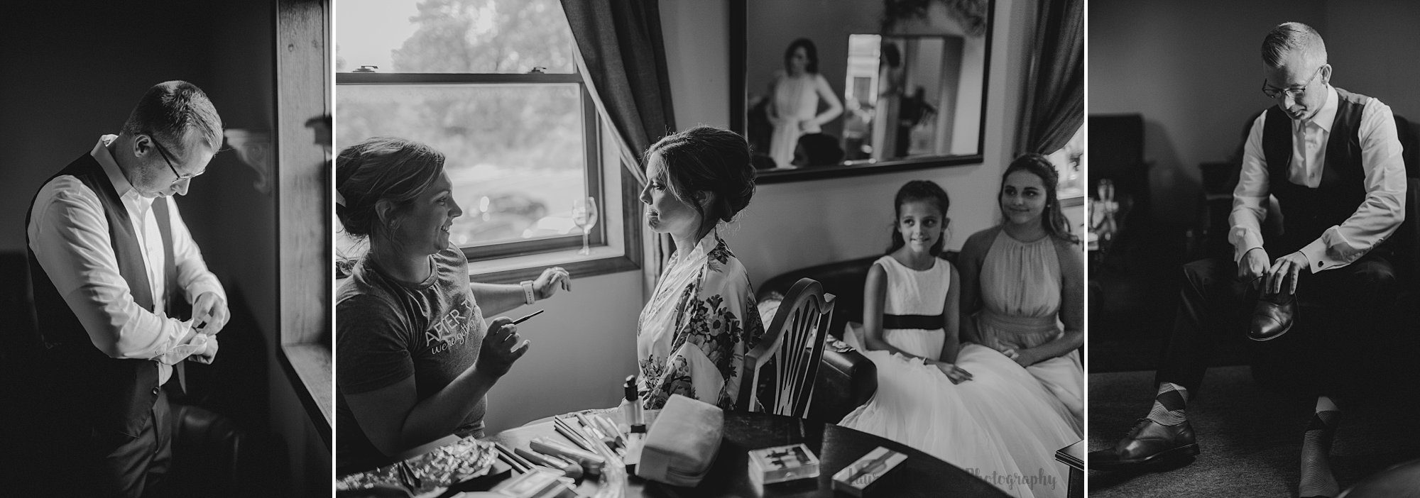 bride getting ready photos black and white