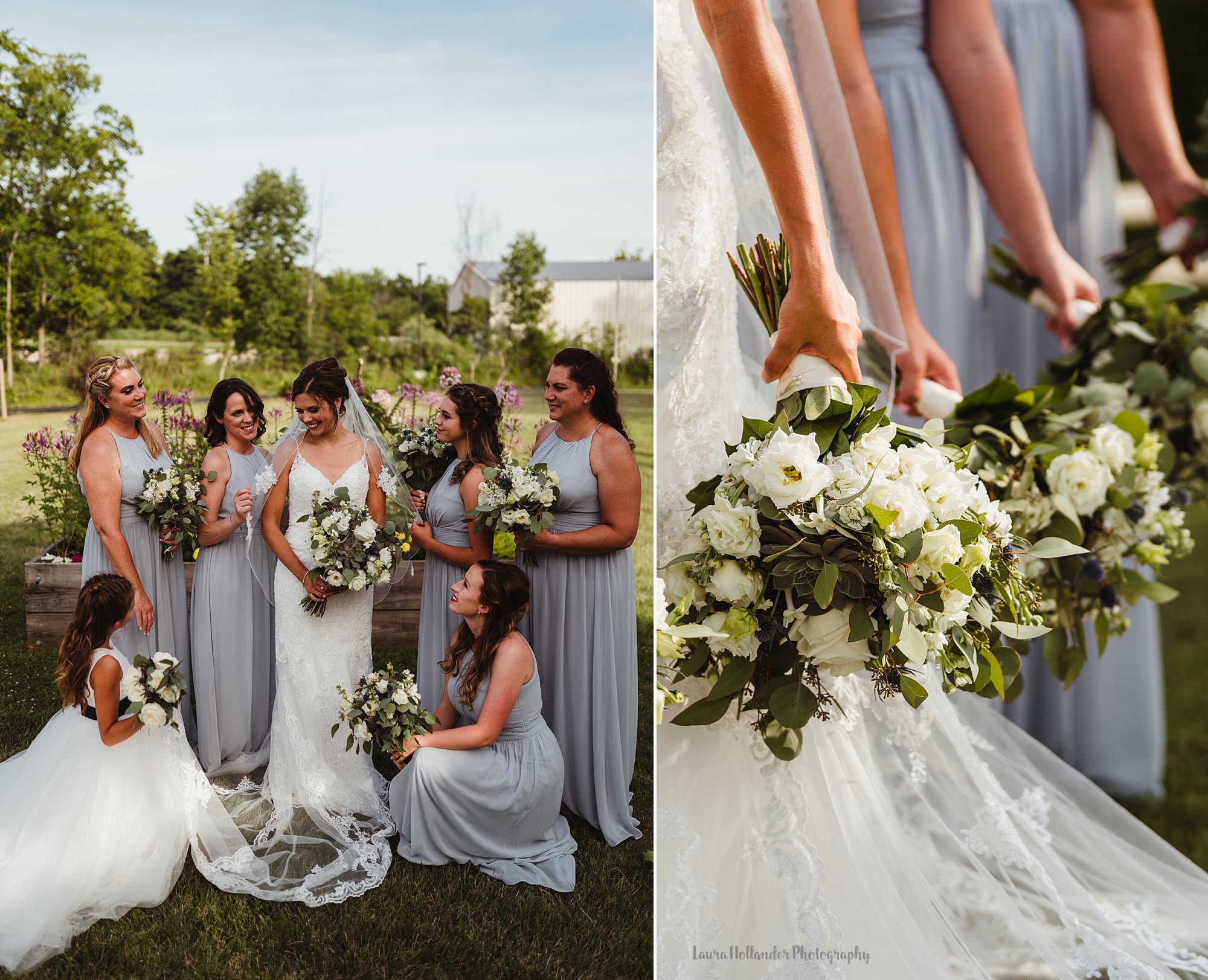 bridal party portraits, fenton winery and brewery, gray bridesmaids dress