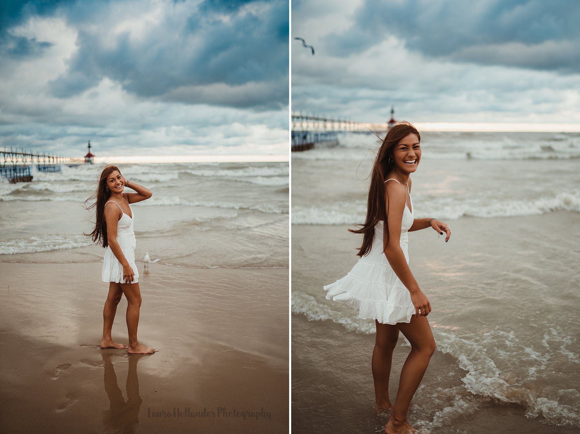 senior beach session in St. Joesph, MI with Laura Hollander Photography, windy beach session