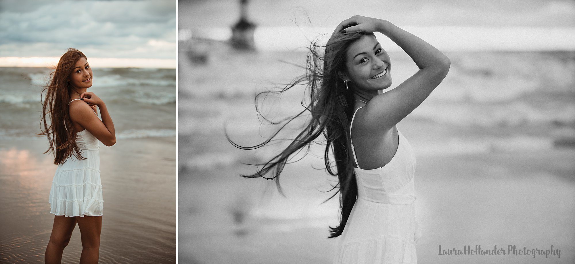 senior beach session in St. Joesph, MI with Laura Hollander Photography, windy beach session at Tiscornia Beach