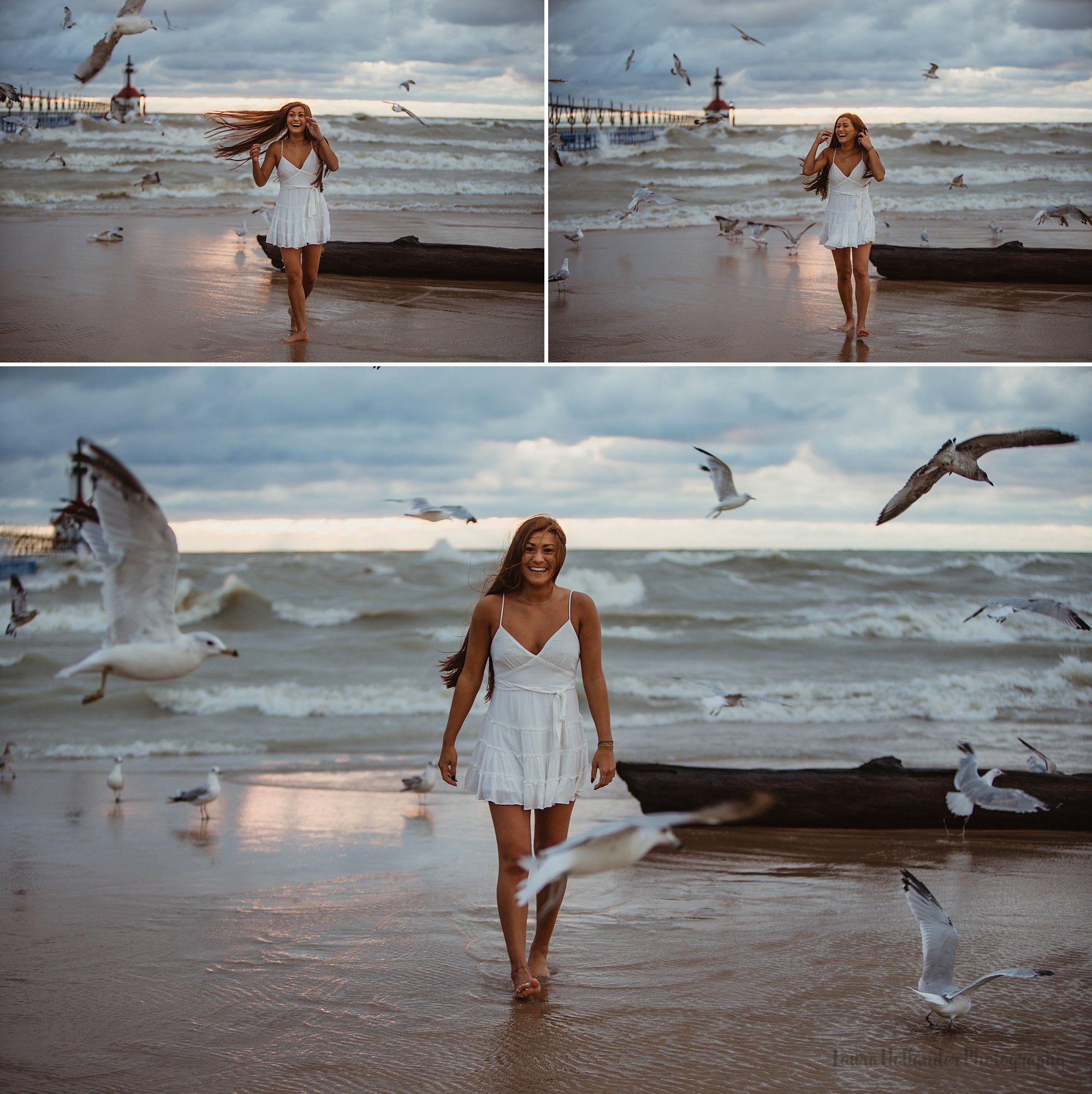 senior beach session in St. Joesph, MI with Laura Hollander Photography, windy beach session at Tiscornia Beach